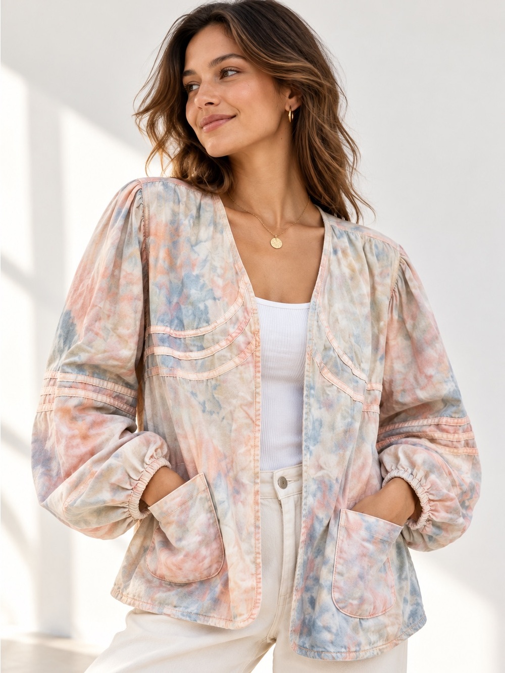 Anthropologie FLOE Mirka Tie Dye Cotton Jacket Balloon Sleeve Sz Medium